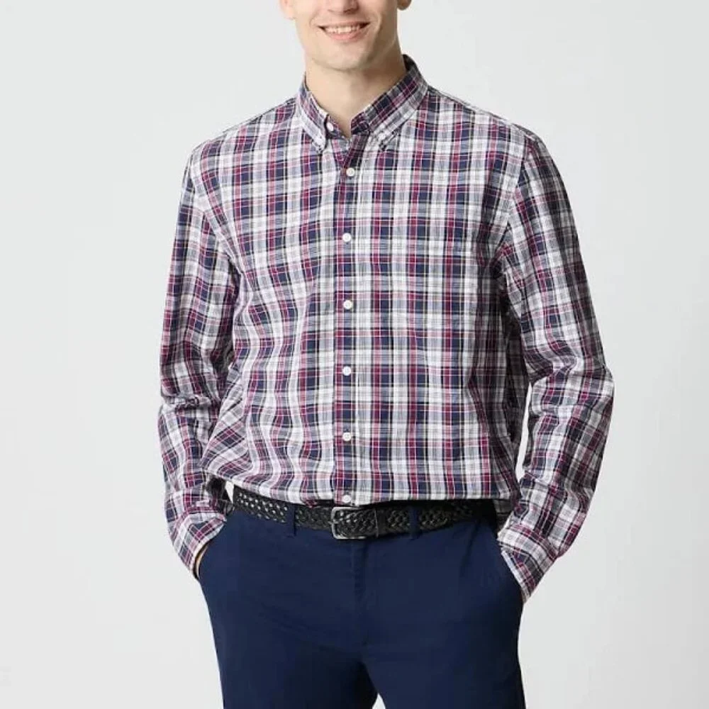 J. CREW Red Madras Plaid Slim Untucked Flex Washed Button Down Shirt L